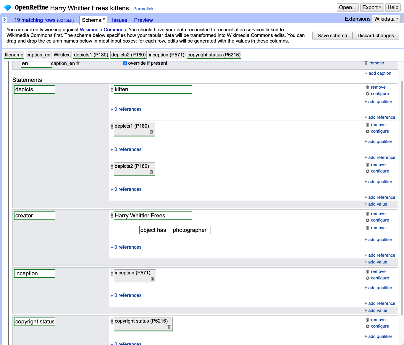 A typical Wikimedia Commons schema inside OpenRefine.